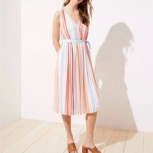 LOFT Multicolor Striped Pleated Midi Dress S